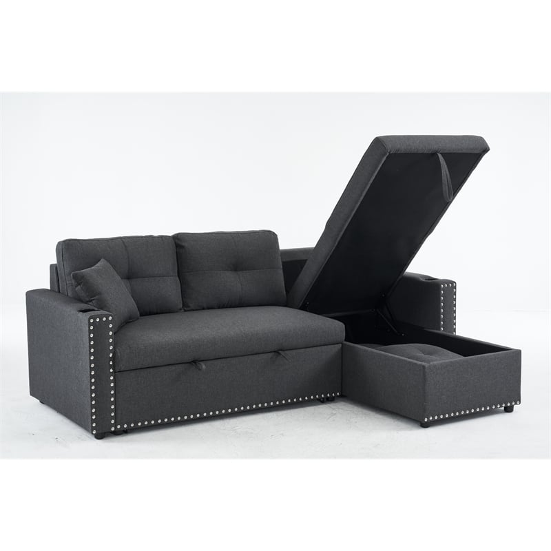 Pemberly Row Fabric Sleeper Sofa with Storage Compartment in Dark Gray