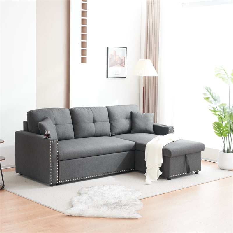 Pemberly Row Fabric Sleeper Sofa with Storage Compartment in Dark Gray