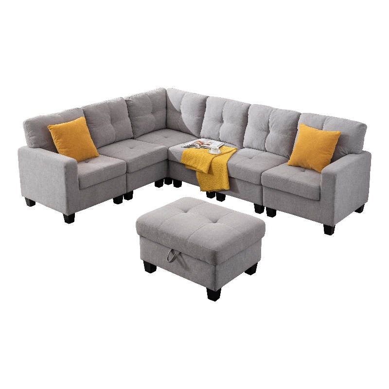 Pemberly Row 7 Piece Solid Wood & Soft Fabric Sofa Set in Ash Gray Finish