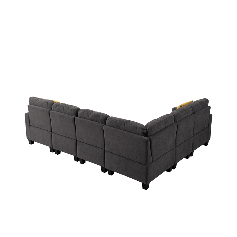 Pemberly Row 7pc Solid Wood Modular Sectional Sofa Couch w/ Ottoman in Dark Gray