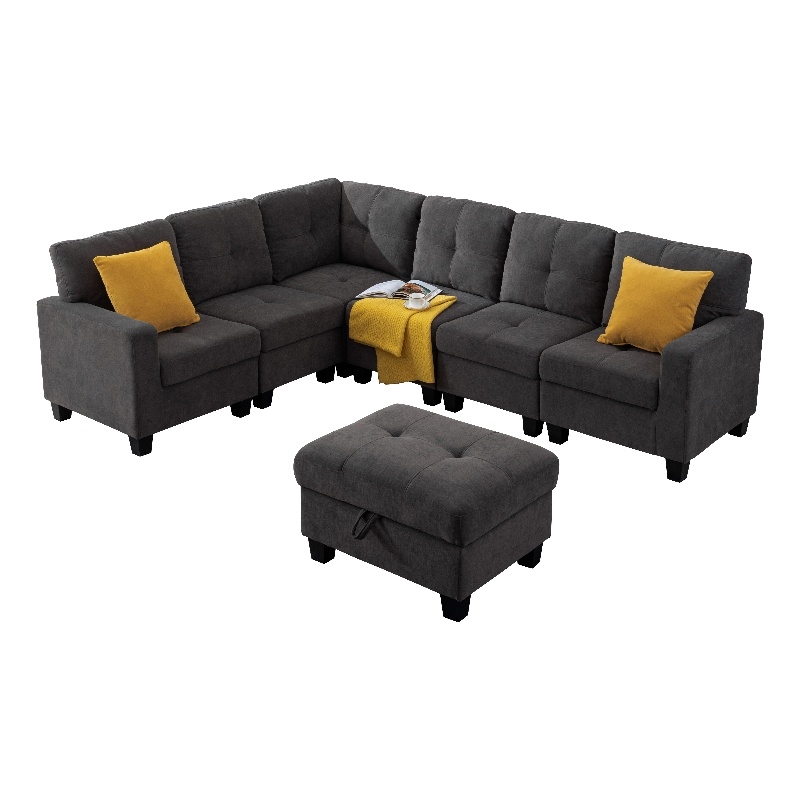 Pemberly Row 7pc Solid Wood Modular Sectional Sofa Couch w/ Ottoman in Dark Gray