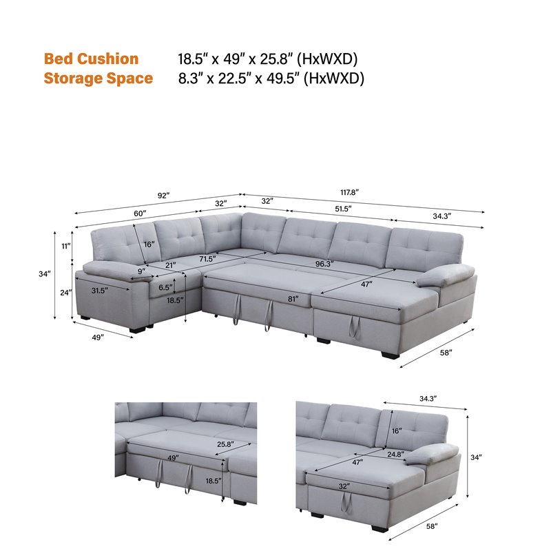Pemberly Row 5-Seat Modern Fabric Sleeper Sectional Sofa with Storage in Ash