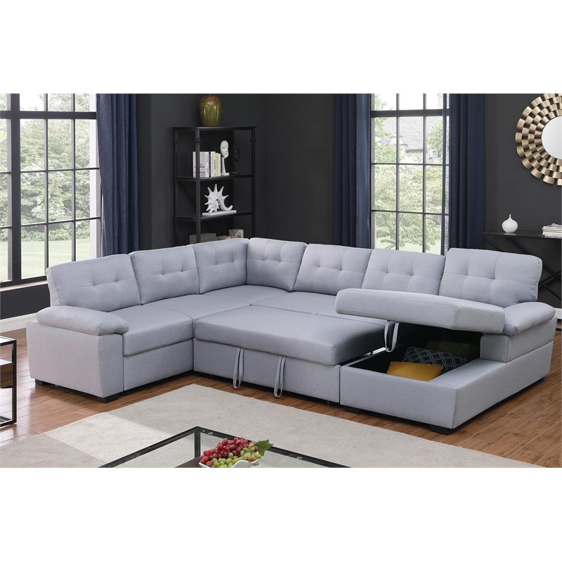 Pemberly Row 5-Seat Modern Fabric Sleeper Sectional Sofa with Storage in Ash