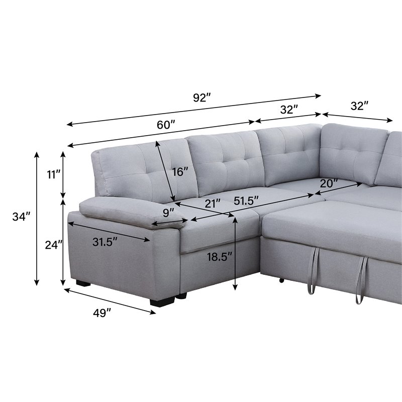 Pemberly Row 5-Seat Modern Fabric Sleeper Sectional Sofa with Storage in Ash