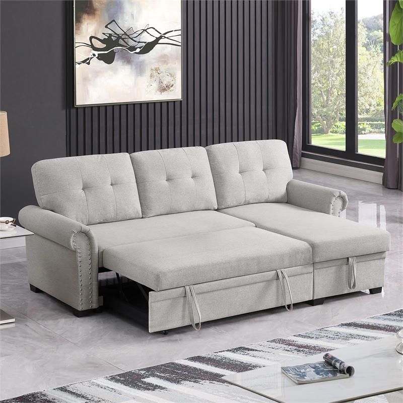 Pemberly Row Reversible Fabric Sleeper Sofa with Storage Chaise in Light Gray