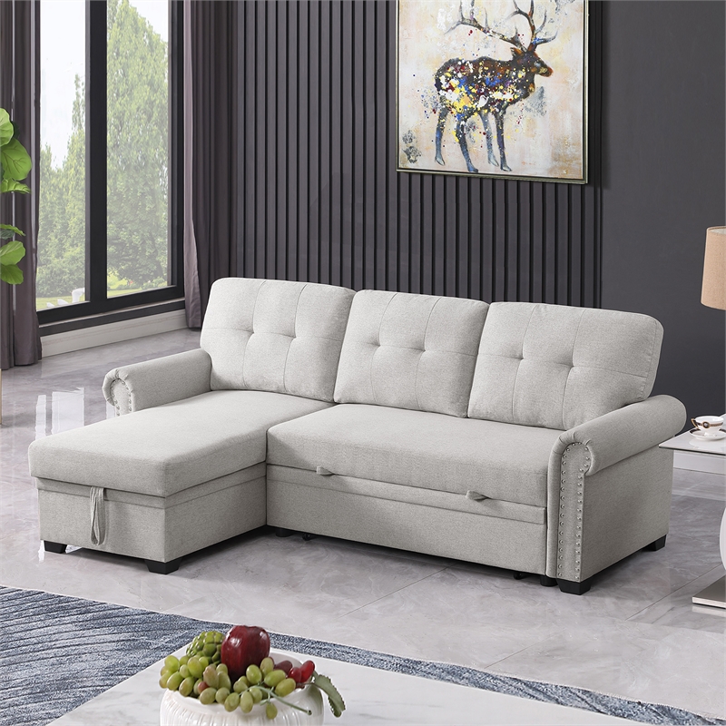 Pemberly Row Reversible Fabric Sleeper Sofa with Storage Chaise in Light Gray