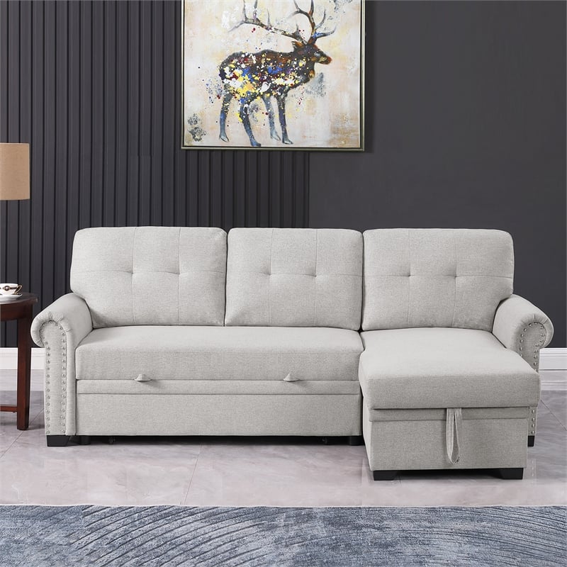 Pemberly Row Reversible Fabric Sleeper Sofa with Storage Chaise in Light Gray
