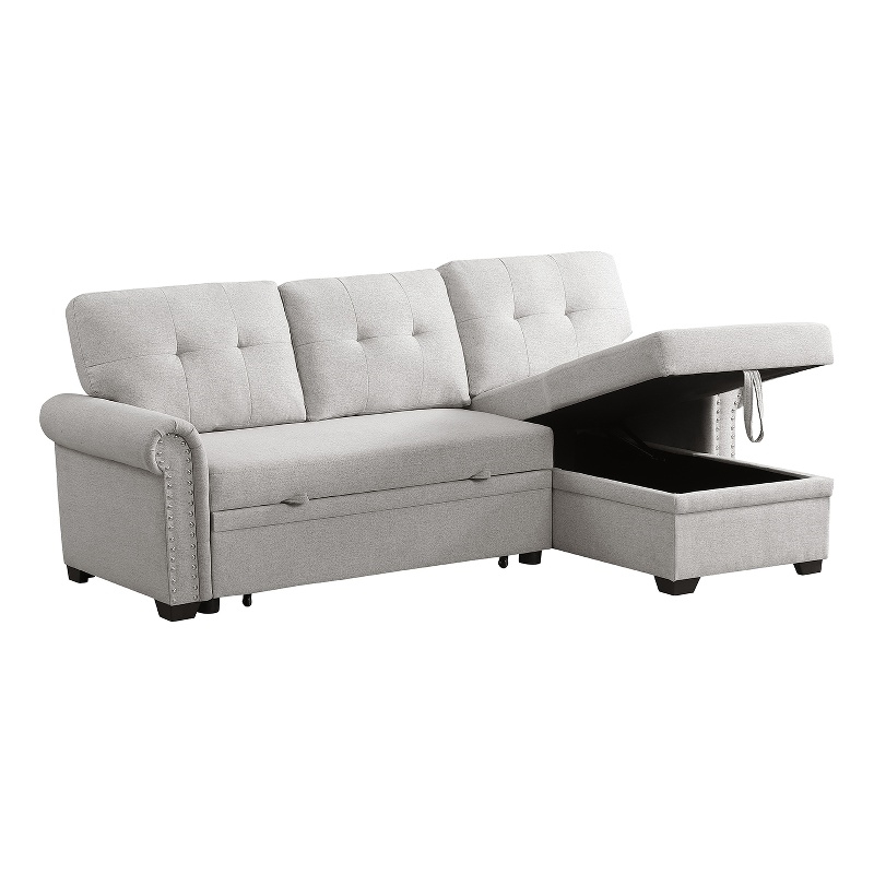 Pemberly Row Reversible Fabric Sleeper Sofa with Storage Chaise in Light Gray