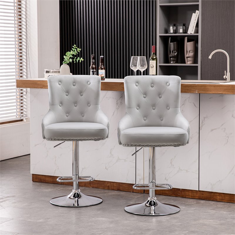 Pemberly Row Adjustable Modern Velvet Swivel Bar Stool in Silver (Set of 4)