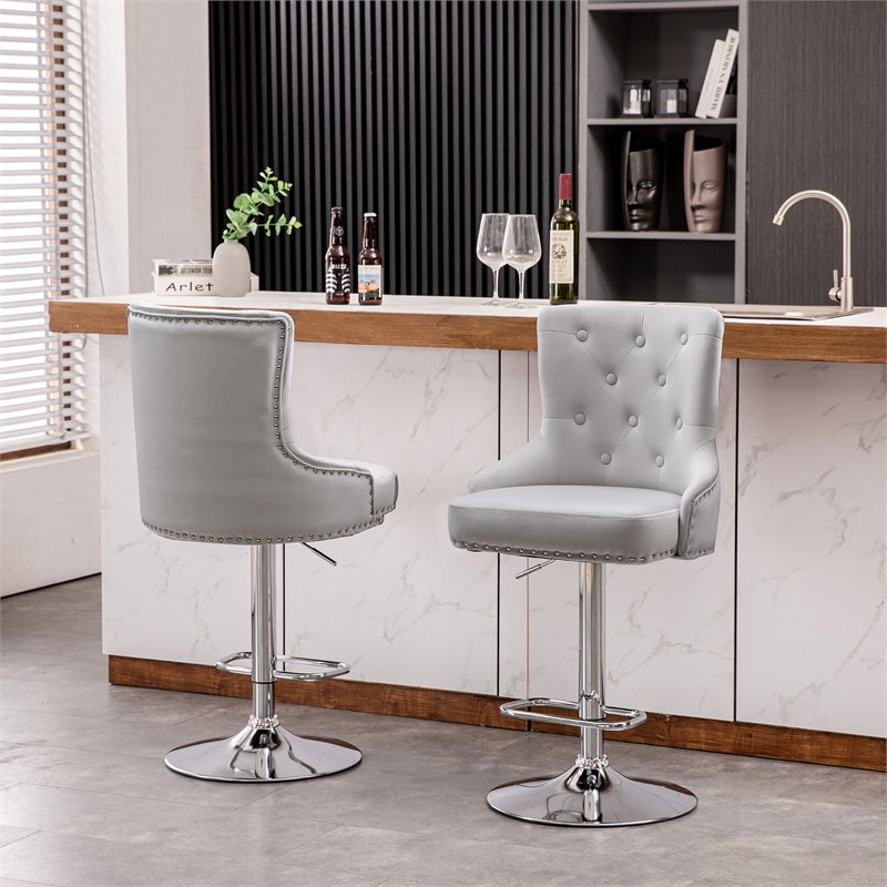 Pemberly Row Adjustable Modern Velvet Swivel Bar Stool in Silver (Set of 4)
