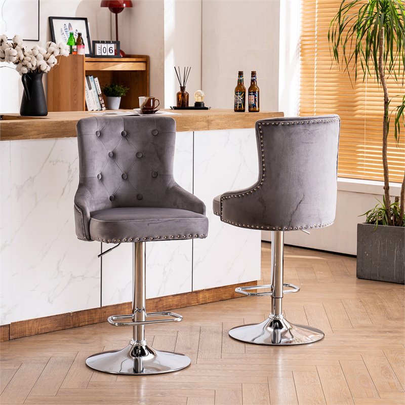Pemberly Row Adjustable Modern Velvet Swivel Bar Stool in Gray (Set of 4)