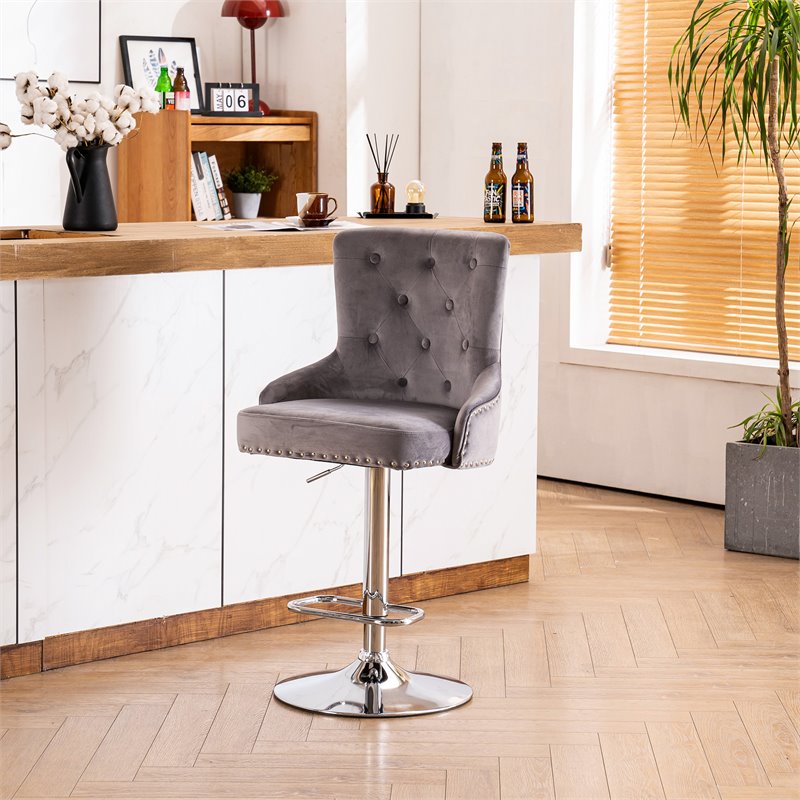 Pemberly Row Adjustable Modern Velvet Swivel Bar Stool in Gray (Set of 4)