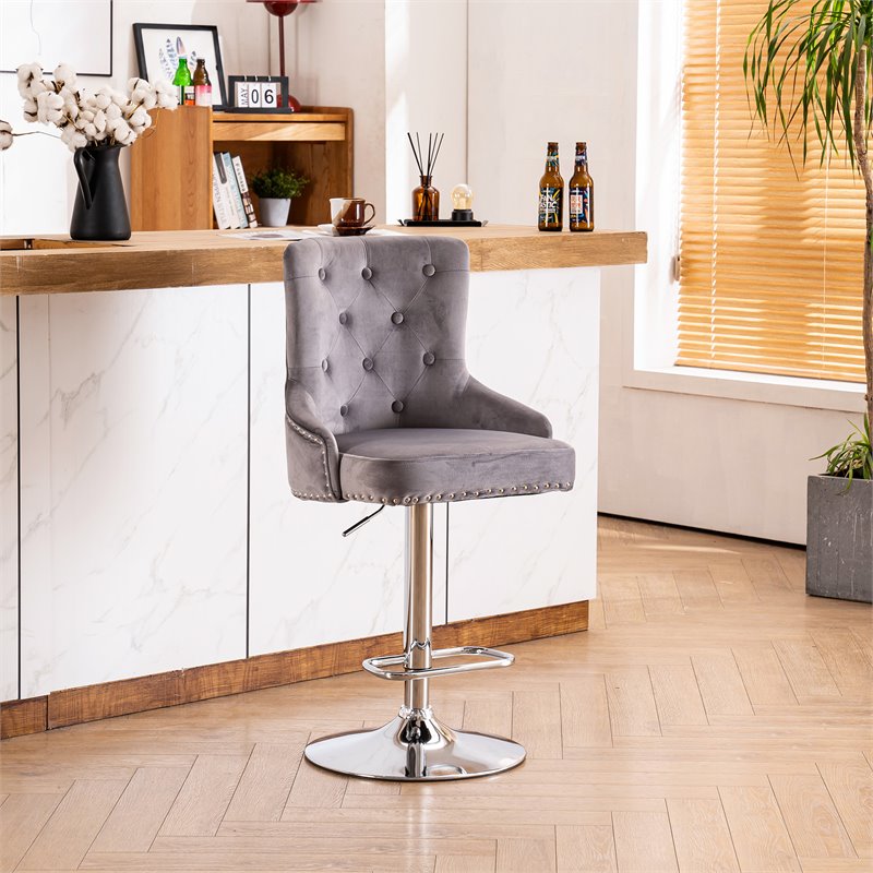 Pemberly Row Adjustable Modern Velvet Swivel Bar Stool in Gray (Set of 4)