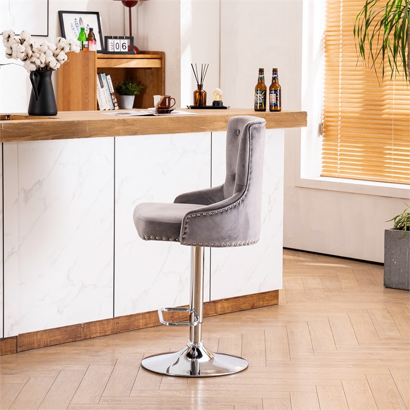 Pemberly Row Adjustable Modern Velvet Swivel Bar Stool in Gray (Set of 4)