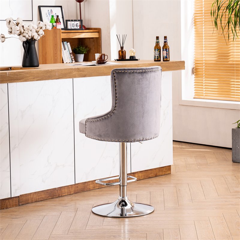 Pemberly Row Adjustable Modern Velvet Swivel Bar Stool in Gray (Set of 4)