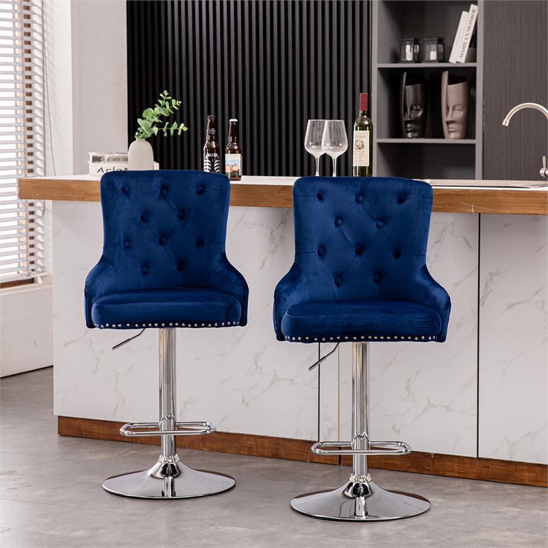 Pemberly Row Adjustable Modern Velvet Swivel Bar Stool in Navy (Set of 4)
