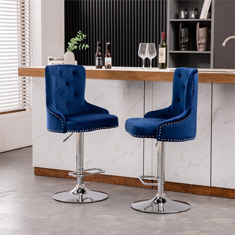 Pemberly Row Adjustable Modern Velvet Swivel Bar Stool in Navy (Set of 4)