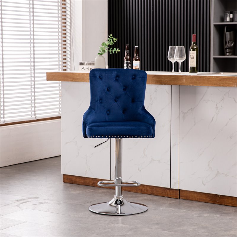 Pemberly Row Adjustable Modern Velvet Swivel Bar Stool in Navy (Set of 4)