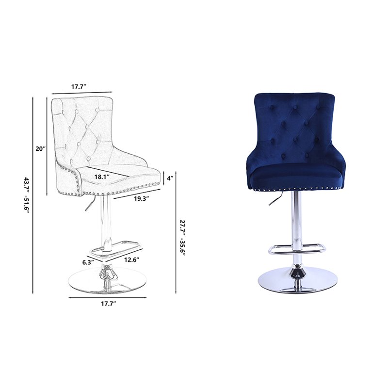 Pemberly Row Adjustable Modern Velvet Swivel Bar Stool in Navy (Set of 4)