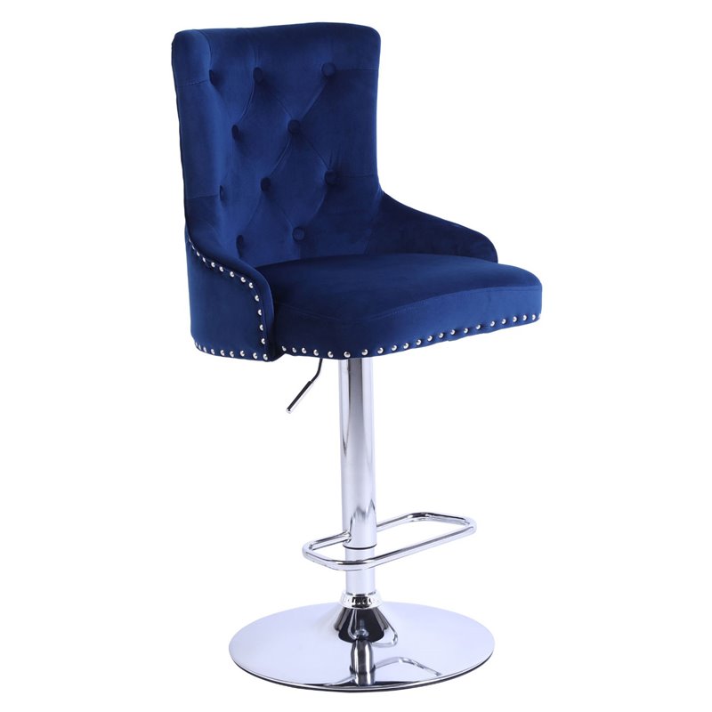 Pemberly Row Adjustable Modern Velvet Swivel Bar Stool in Navy (Set of 4)