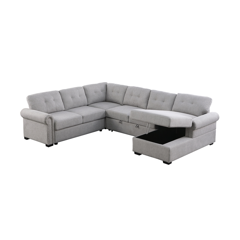 Pemberly Row-Modern Slepper Sofa with chase in Light Gray fabric with nail trim