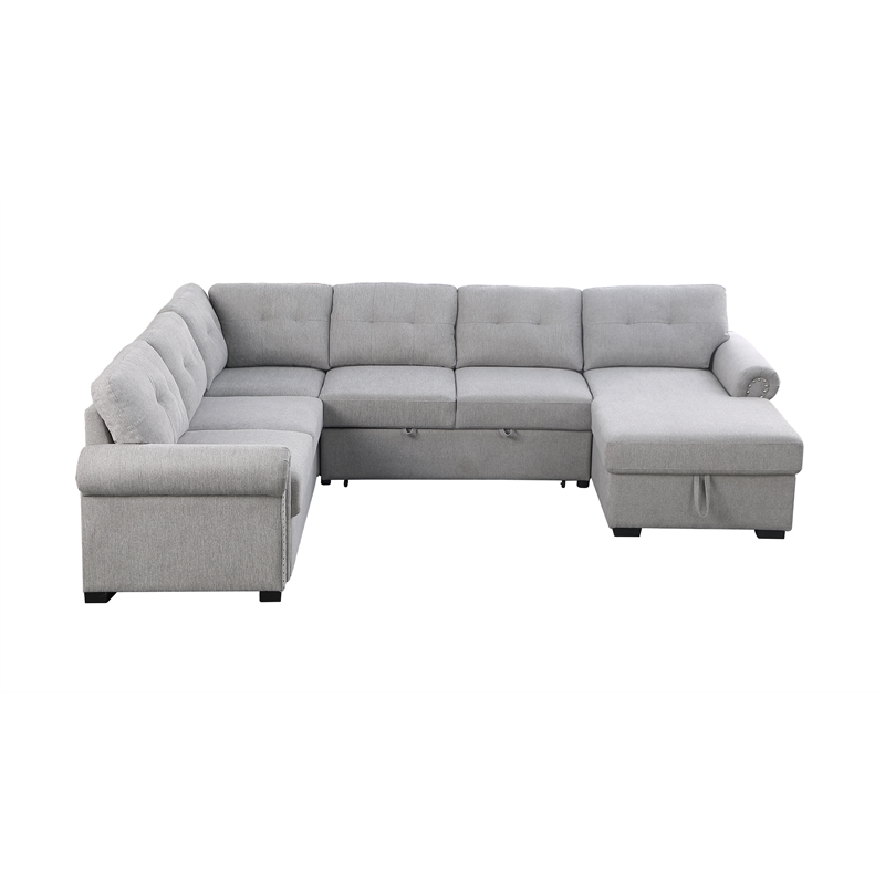 Pemberly Row-Modern Slepper Sofa with chase in Light Gray fabric with nail trim