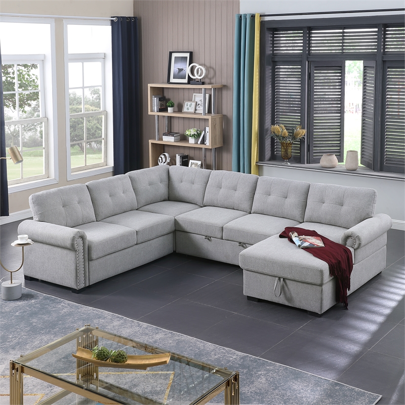 Pemberly Row-Modern Slepper Sofa with chase in Light Gray fabric with nail trim