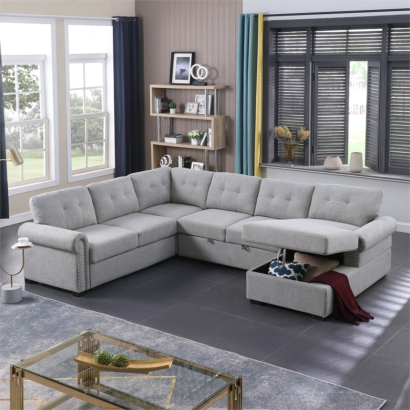 Pemberly Row-Modern Slepper Sofa with chase in Light Gray fabric with nail trim