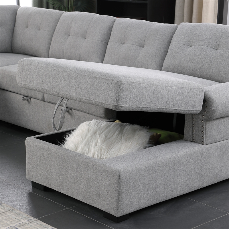 Pemberly Row-Modern Slepper Sofa with chase in Light Gray fabric with nail trim