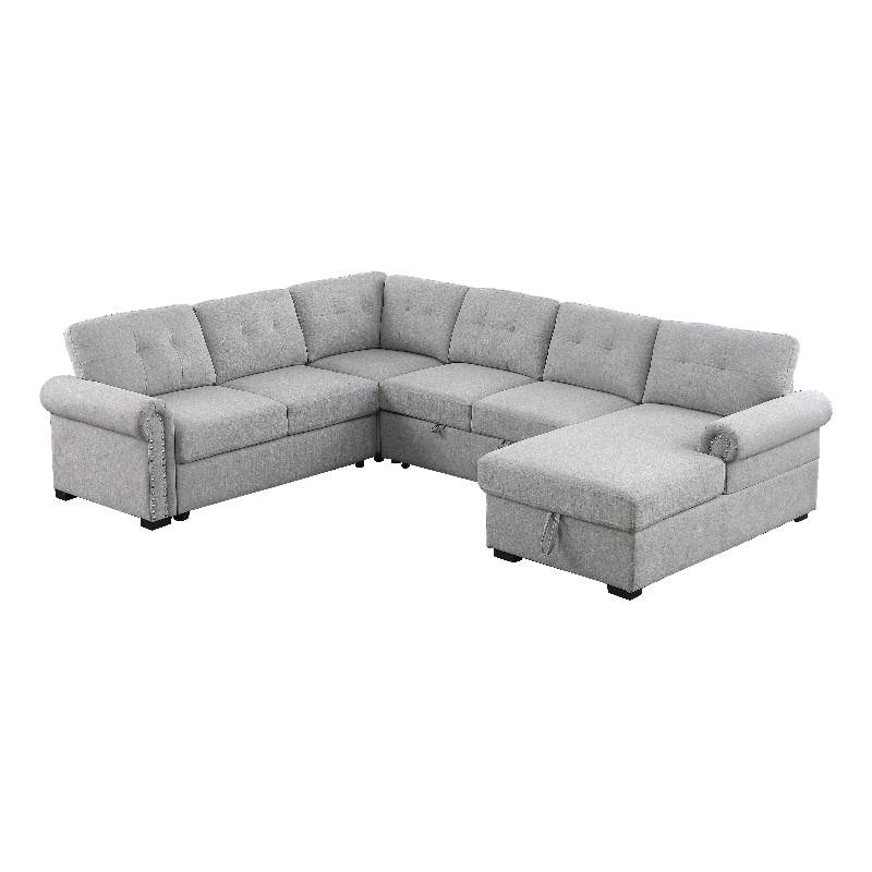 Pemberly Row-Modern Slepper Sofa with chase in Light Gray fabric with nail trim