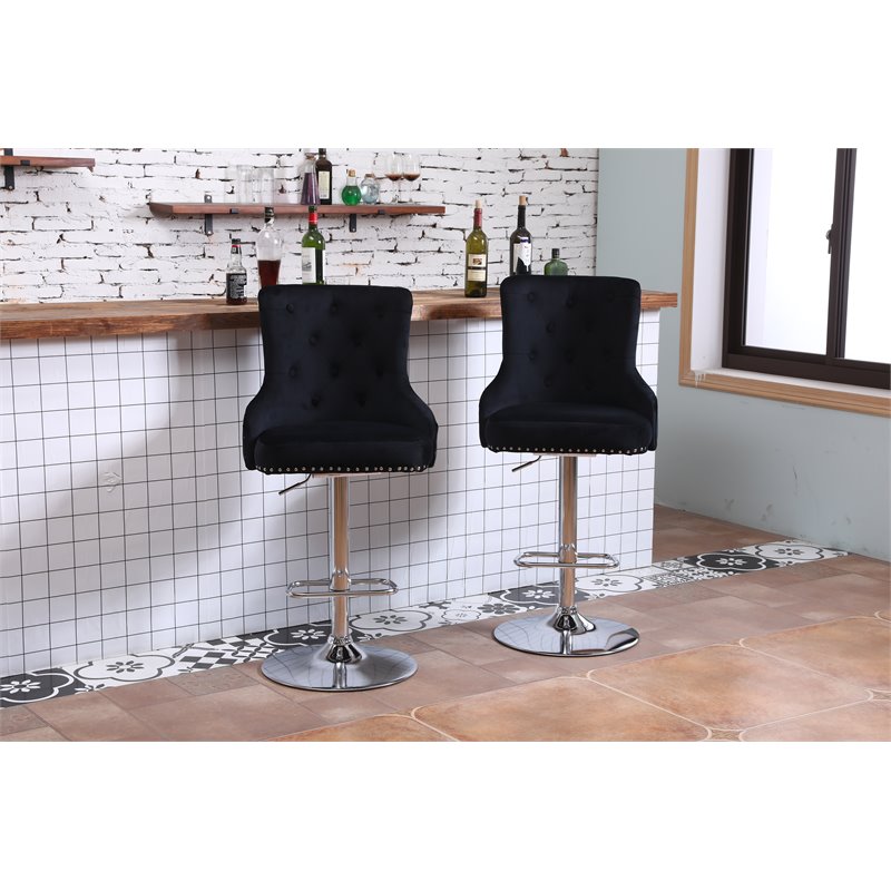 Pemberly Row Adjustable Modern Velvet Swivel Bar Stool in Black (Set of 4)