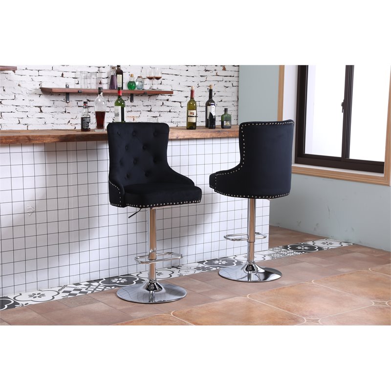 Pemberly Row Adjustable Modern Velvet Swivel Bar Stool in Black (Set of 4)