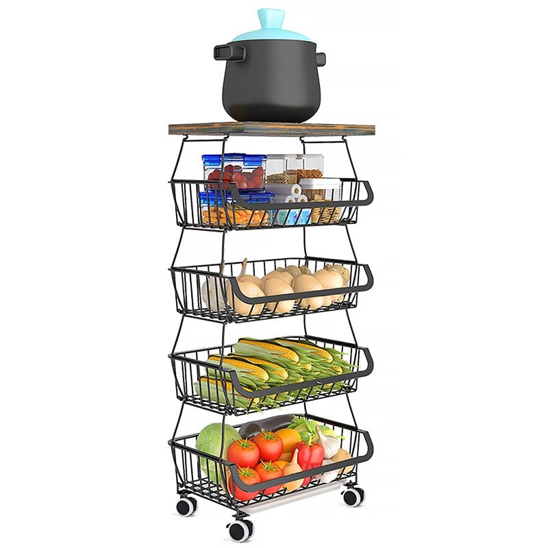 Pemberly Row 5-Tier Metal Utility Carts w/ Lockable Casters & Flat Top in Black