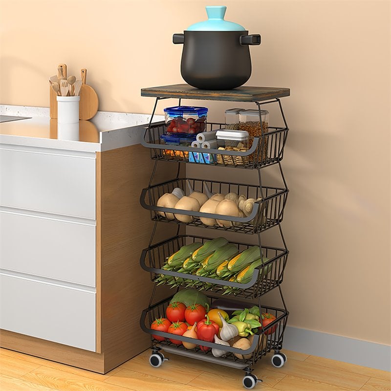 Pemberly Row 5-Tier Metal Utility Carts w/ Lockable Casters & Flat Top in Black