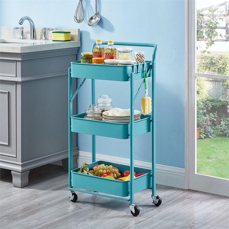 Pemberly Row 3-Tier Metal Storage Utility Rolling Cart with Foldable in Blue