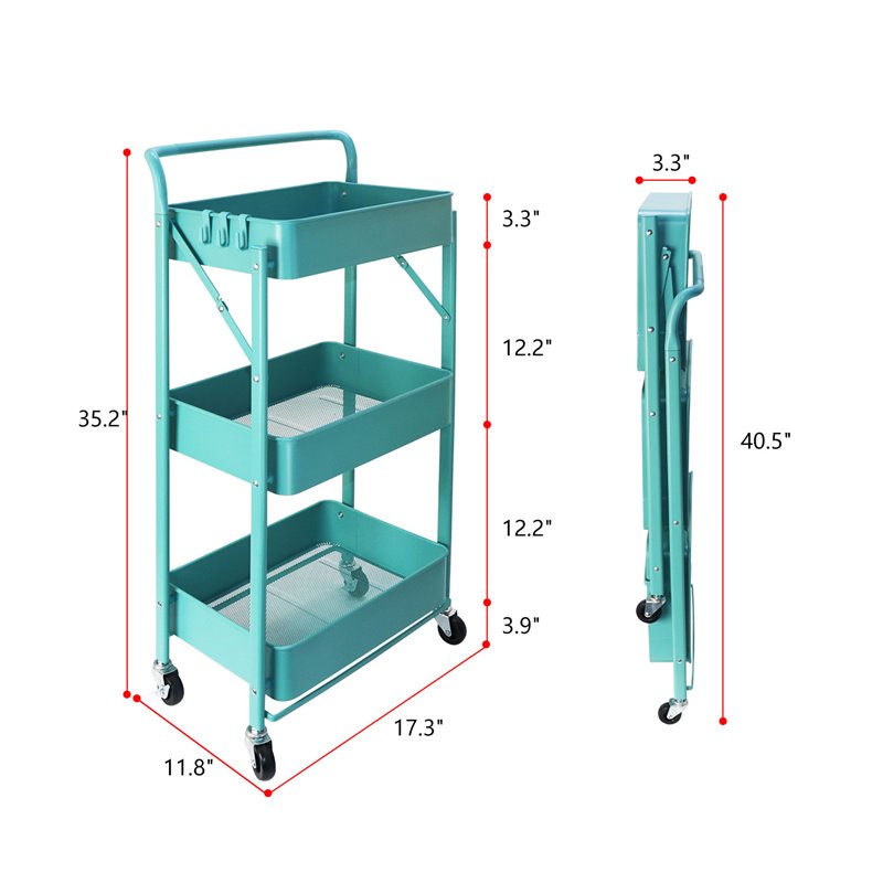 Pemberly Row 3-Tier Metal Storage Utility Rolling Cart with Foldable in Blue