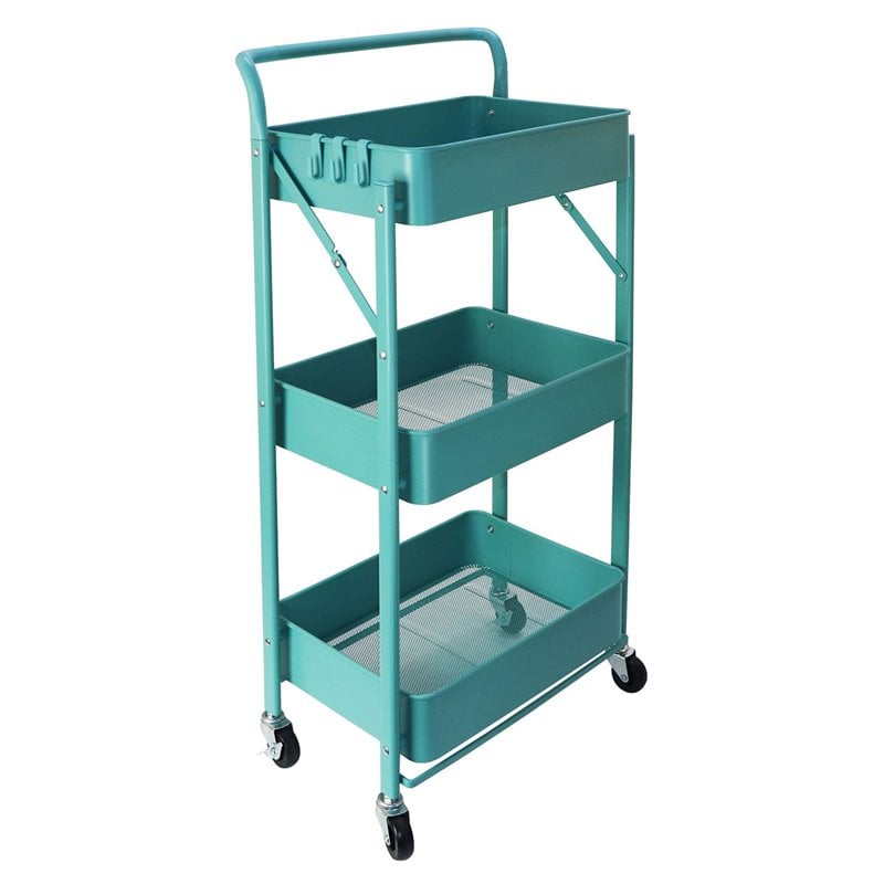 Pemberly Row 3-Tier Metal Storage Utility Rolling Cart with Foldable in Blue