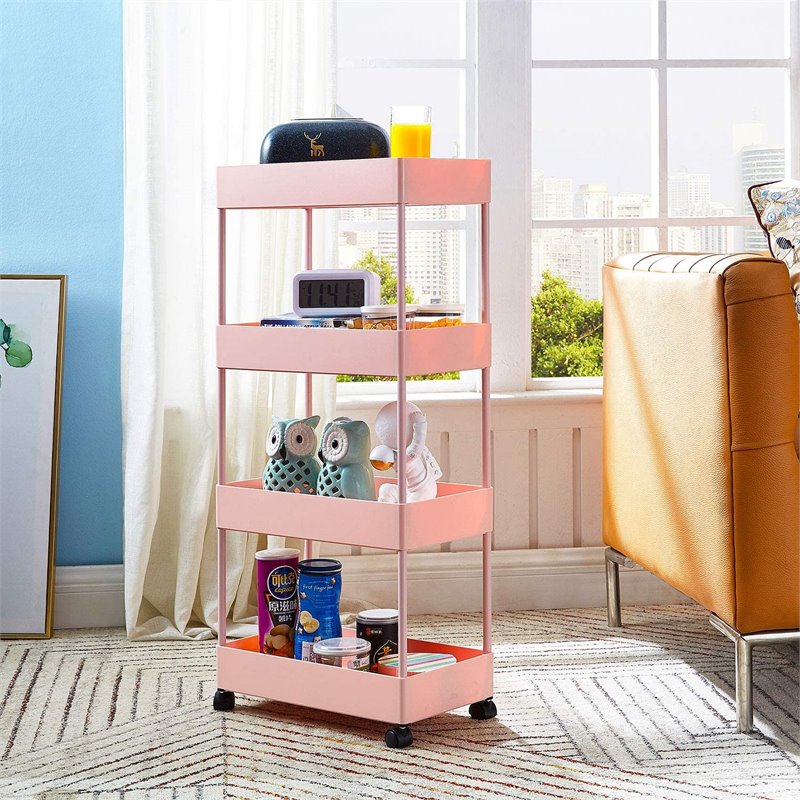 Pemberly Row 4-Tier Plastic Storage Rolling Cart with Slim Shelves in Pink