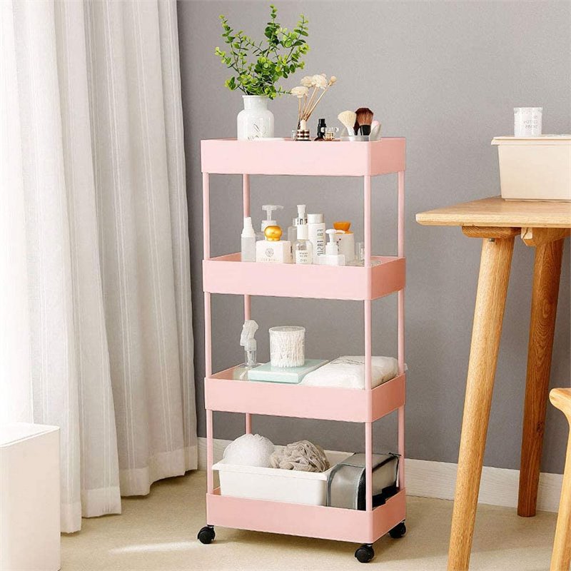 Pemberly Row 4-Tier Plastic Storage Rolling Cart with Slim Shelves in Pink