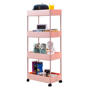 Pemberly Row 4-Tier Plastic Storage Rolling Cart with Slim Shelves in Pink