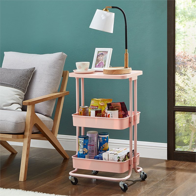 Pemberly Row 2-Tier Table Top Plastic Storage Trolley Rolling Cart in Pink