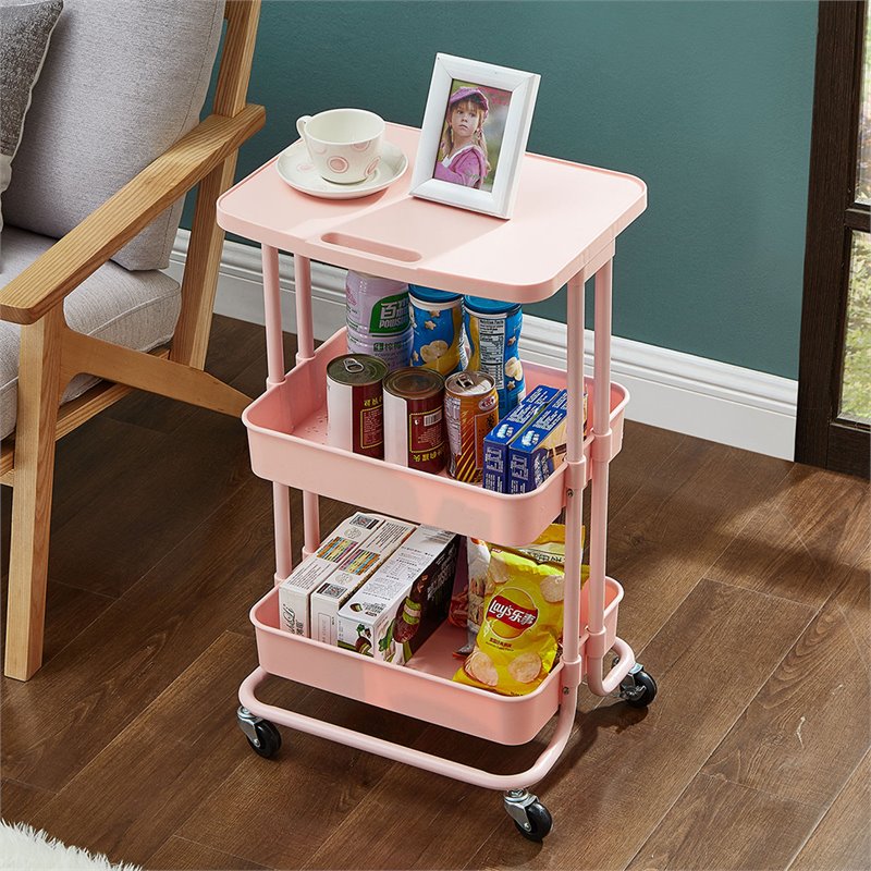 Pemberly Row 2-Tier Table Top Plastic Storage Trolley Rolling Cart in Pink