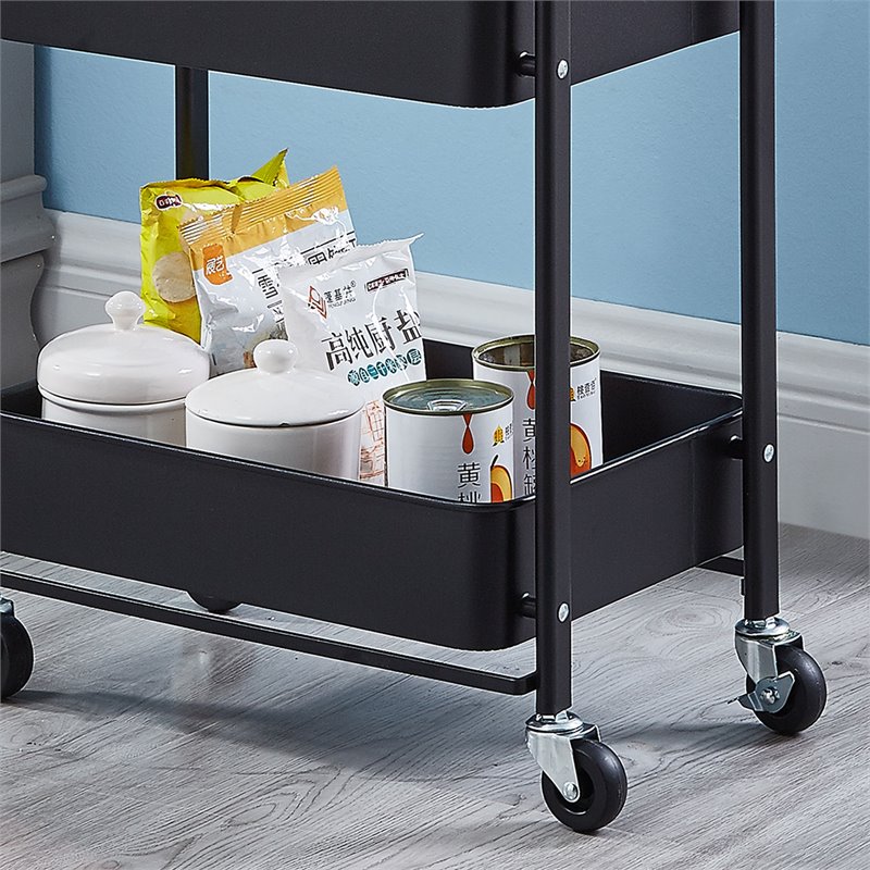 Pemberly Row 3-Tier Metal Storage Utility Rolling Cart with Foldable in Black