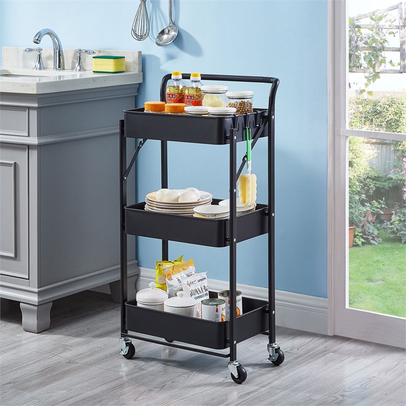 Pemberly Row 3-Tier Metal Storage Utility Rolling Cart with Foldable in Black
