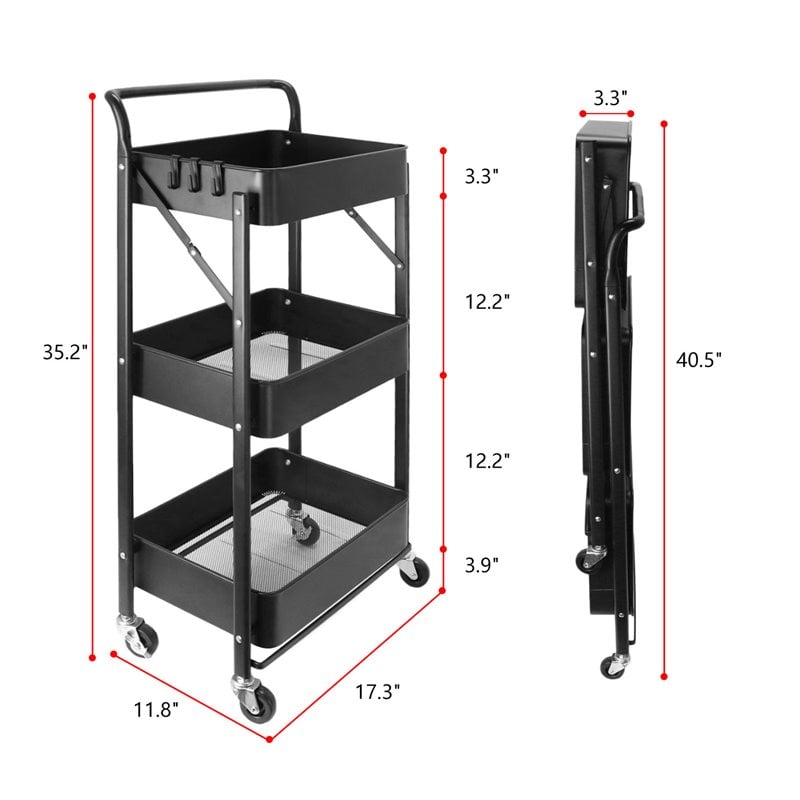 Pemberly Row 3-Tier Metal Storage Utility Rolling Cart with Foldable in Black