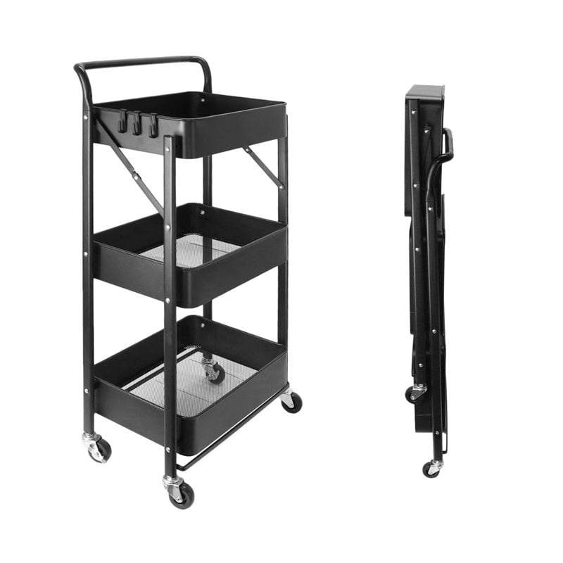 Pemberly Row 3-Tier Metal Storage Utility Rolling Cart with Foldable in Black