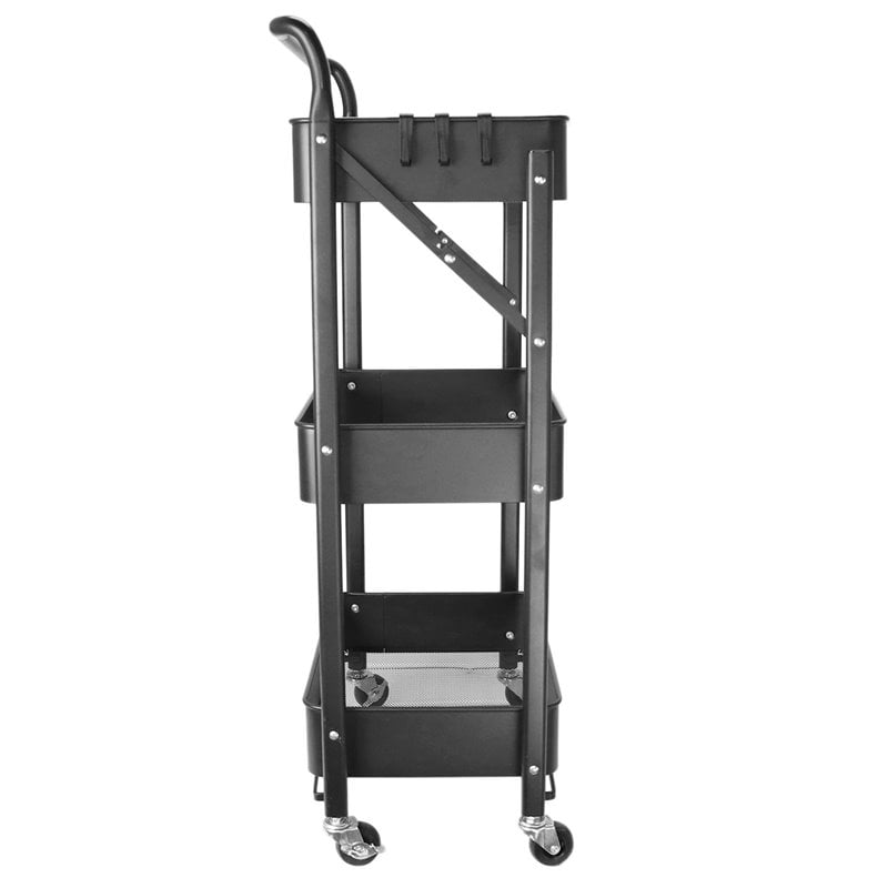 Pemberly Row 3-Tier Metal Storage Utility Rolling Cart with Foldable in Black