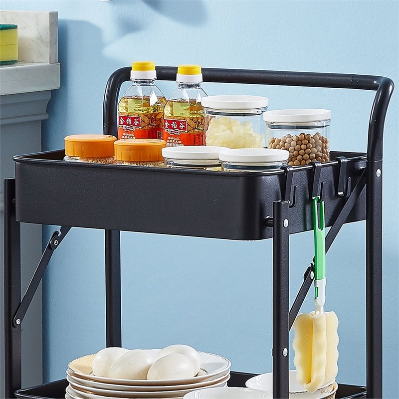 Pemberly Row 3-Tier Metal Storage Utility Rolling Cart with Foldable in Black