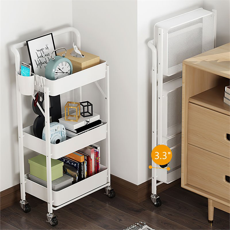 Pemberly Row 3-Tier Metal Storage Utility Rolling Cart with Foldable in White
