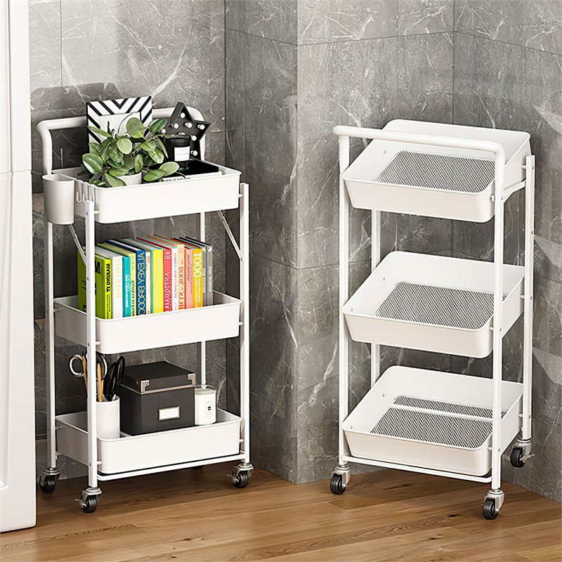 Pemberly Row 3-Tier Metal Storage Utility Rolling Cart with Foldable in White